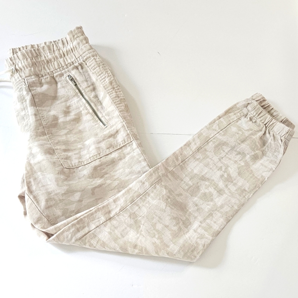 Athleta Womens SZ 2 Cabo Tide Linen Jogger Tan Camo Pants Pull On W/Draw…